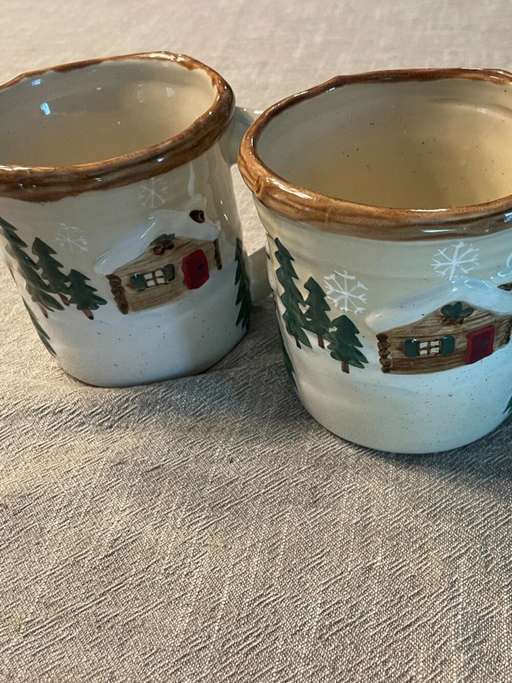 St. Nicholas Square Heartland Cabin/Snow Trees 16 Oz 4" Tall set of 2 Mugs!